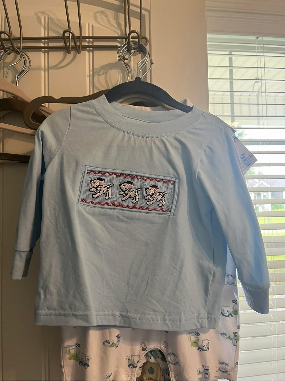 Light Blue Long Sleeve Smocked Puppy Tee for Kids